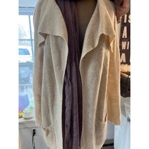Ribbed cream open wool cashmere blend cardigan collar long‎ sleeve LG J Jill
